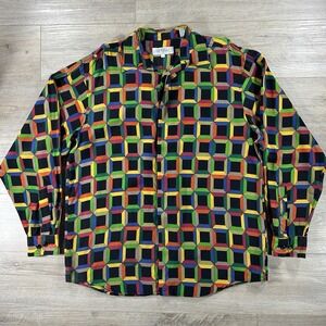 VTG 90s Genelli Large Pure Silk Multicolor Geometric Button Spread‎ Collar**